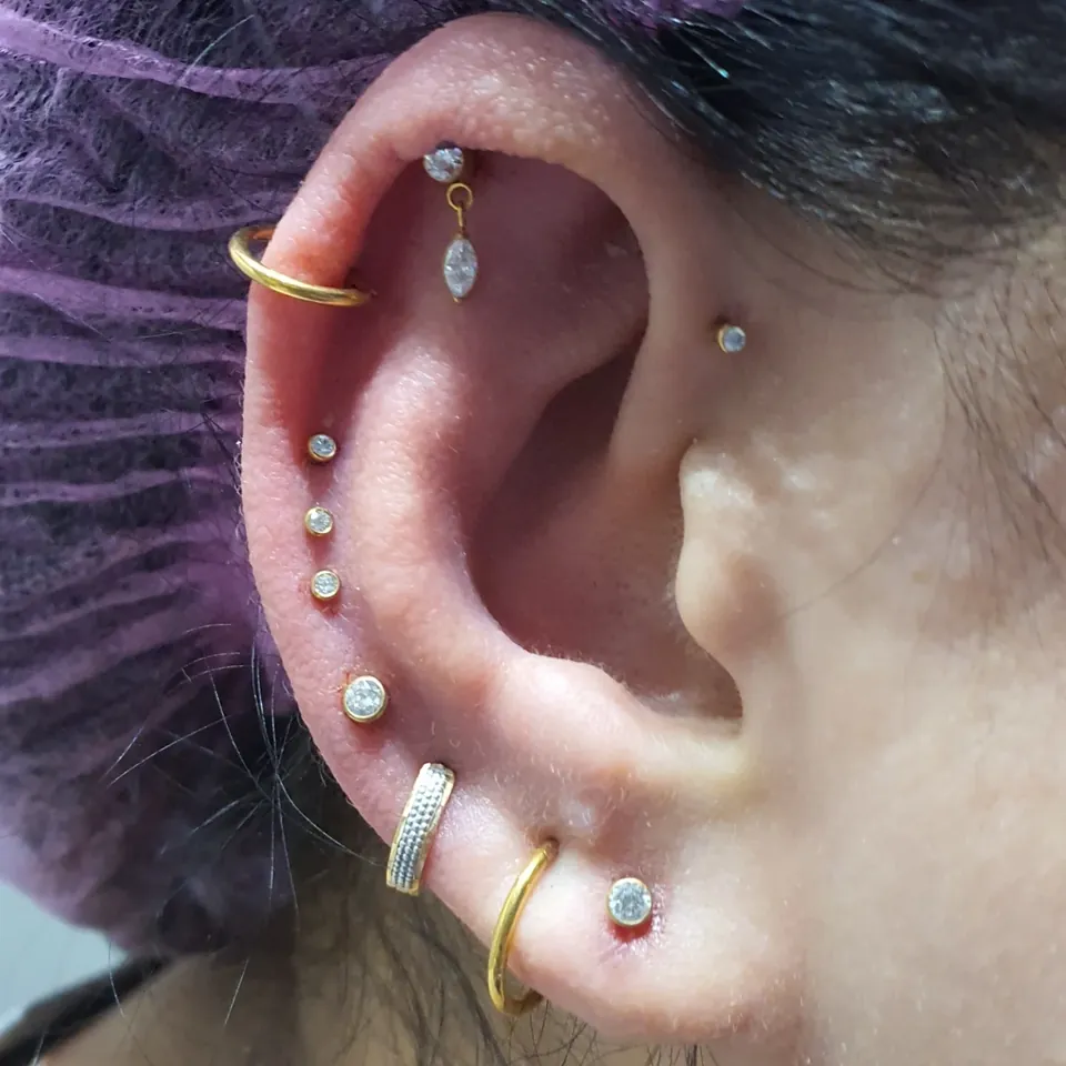 Orelha completa: helix, rook, flat, tragus e lóbulos