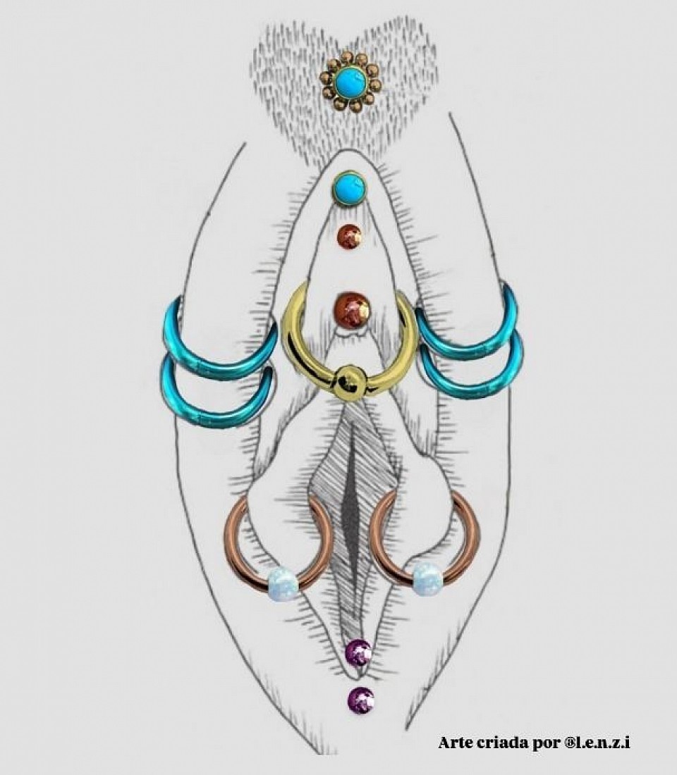 Ilustração estilizada de piercings íntimos femininos